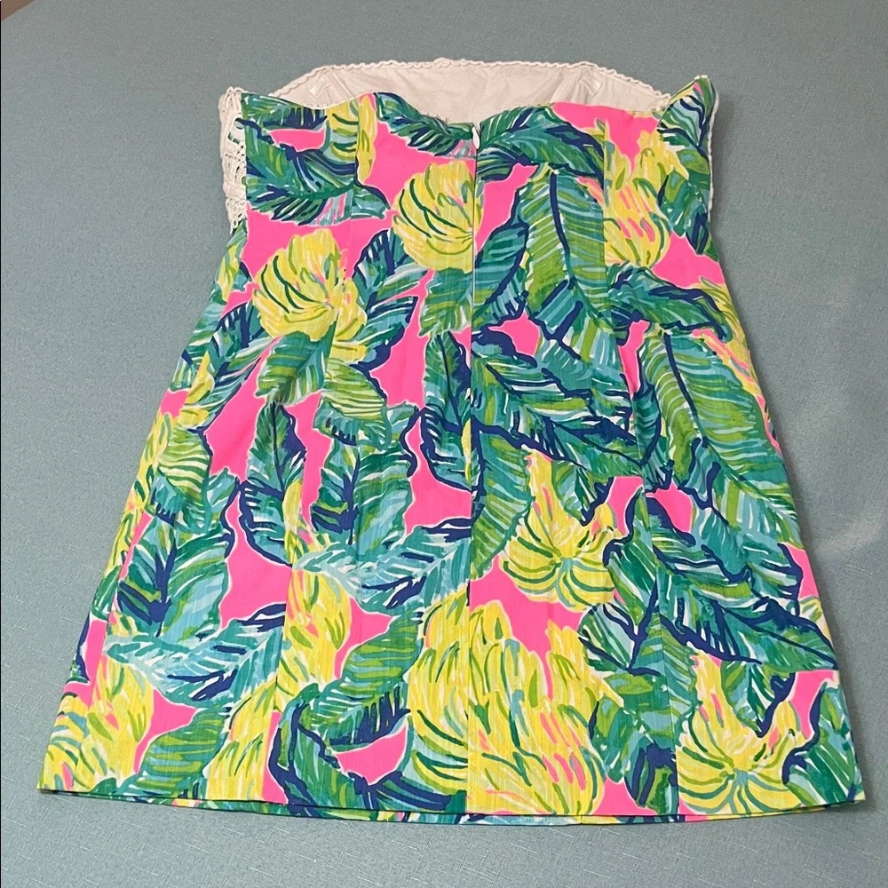 Lilly Pulitzer Strapless Pink Tropical Leaf Dress with Crocheted White Bodice - Picture 3 of 3